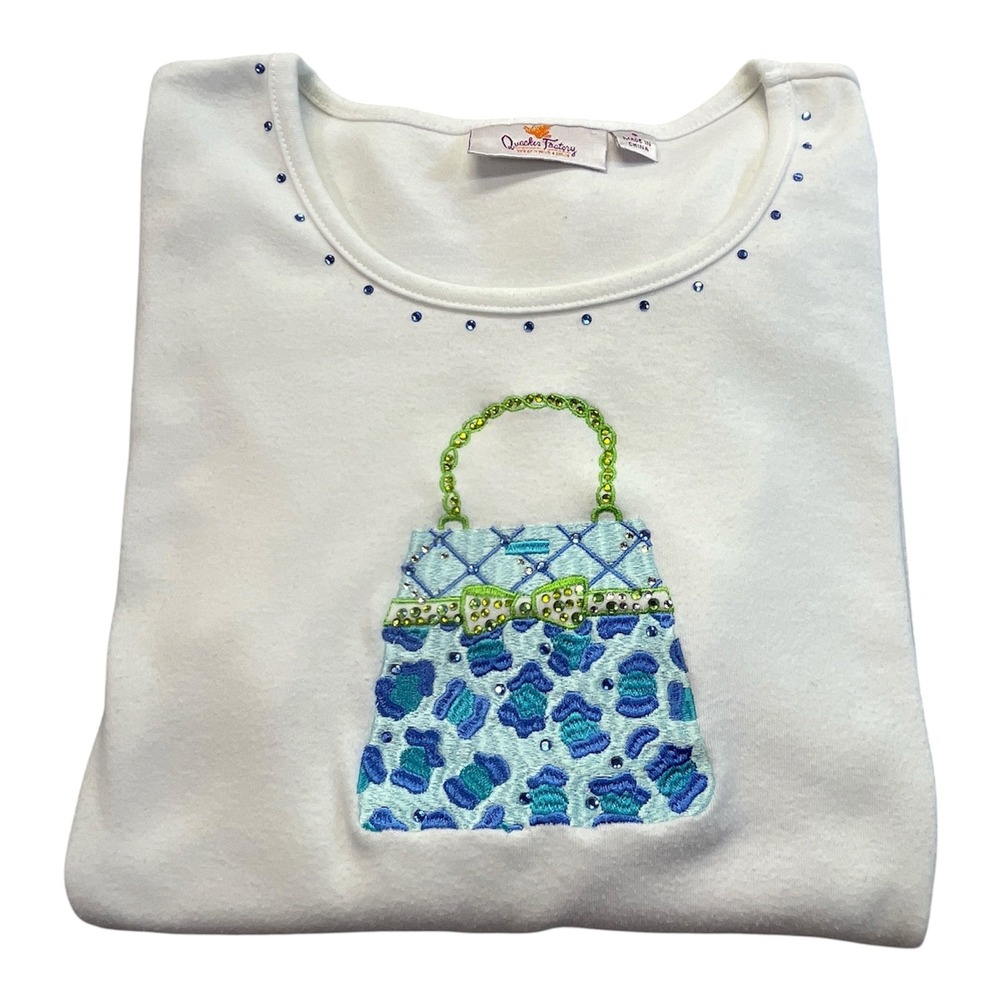 Quacker Factory Wms Sz Sm White 3/4 Sleeve Bling Handbag T shirt Grandmacore
